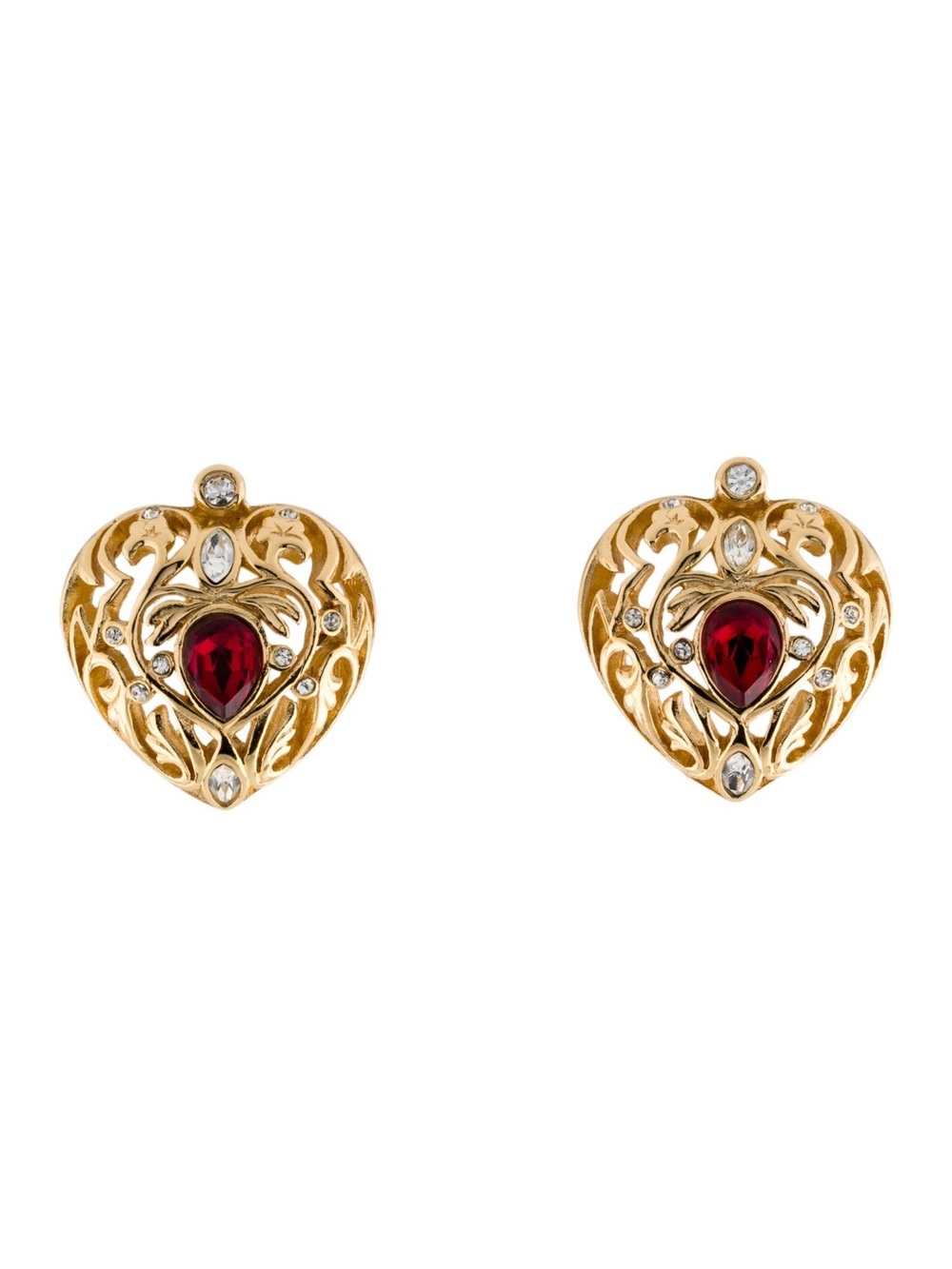 Vintage Christian Dior Viney Hollow Heart Red Teardrop Rhinestone Gold Earrings
